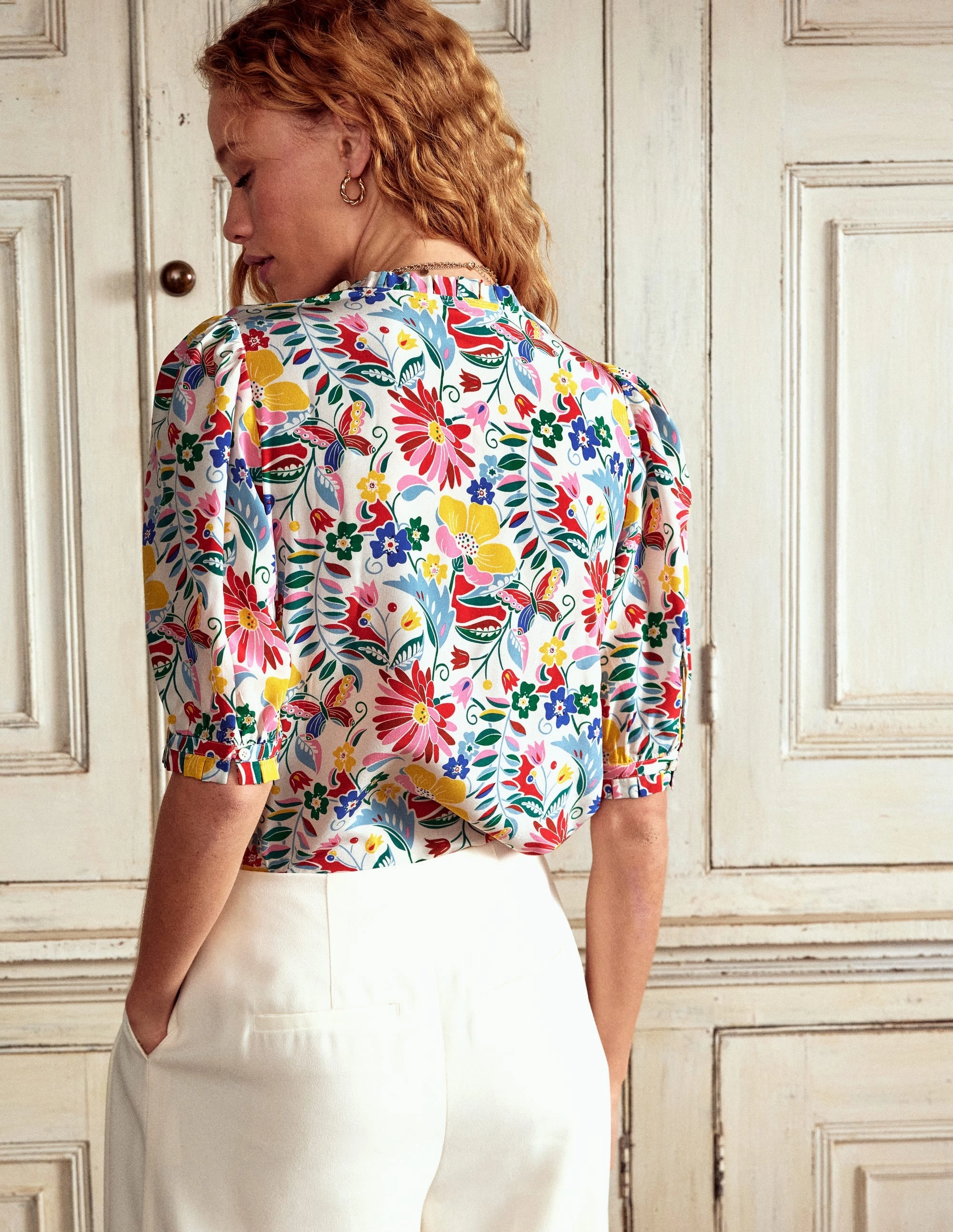 Frill Detail Silk Top-Multi, Wildflower Trail TaglessComfort SeamlessDesign