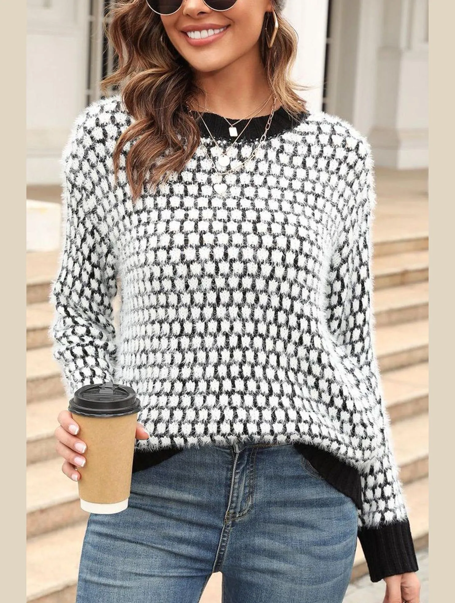 CONTRAST LARGE ROUND NECK LONG SLEEVE SWEATER GarmentDyed
