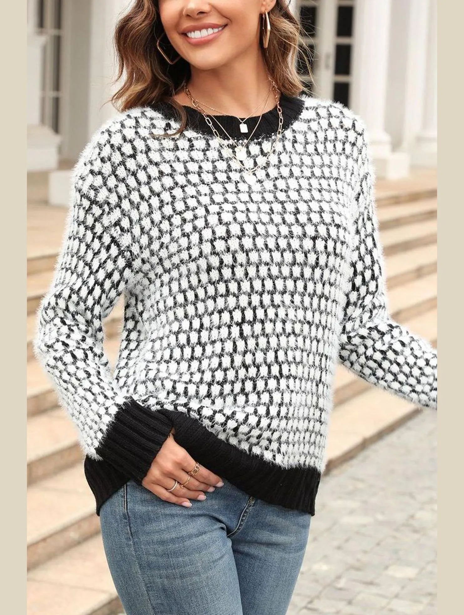 CONTRAST LARGE ROUND NECK LONG SLEEVE SWEATER Recycled Polyester Blend