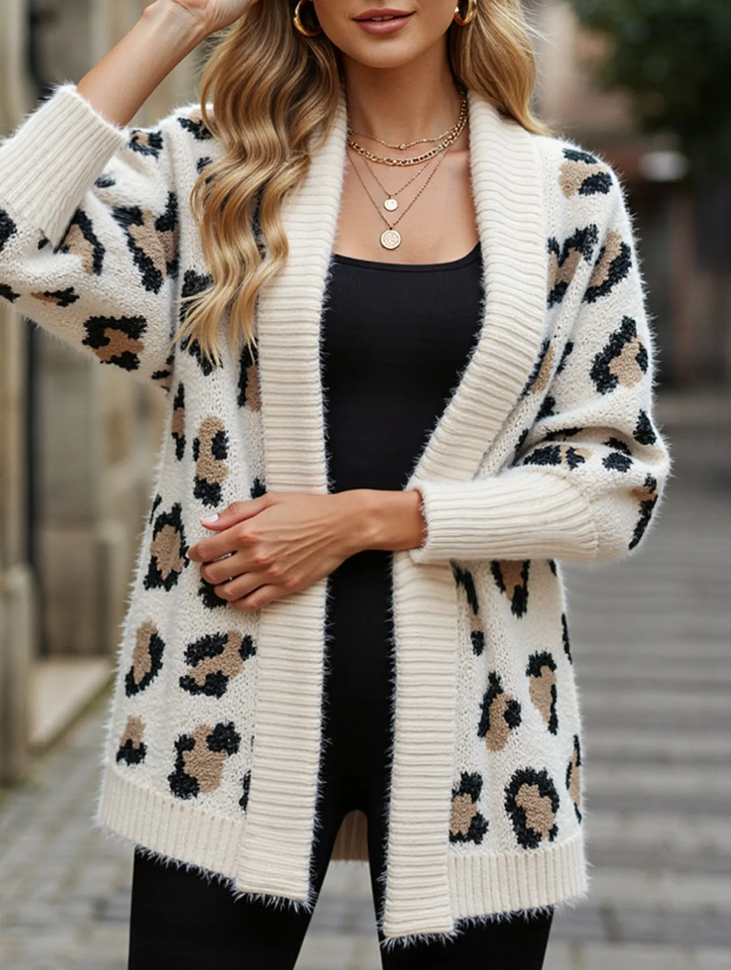 Personalized leopard print loose cardigan sweater MultiFunctionalDesign High Durability Material