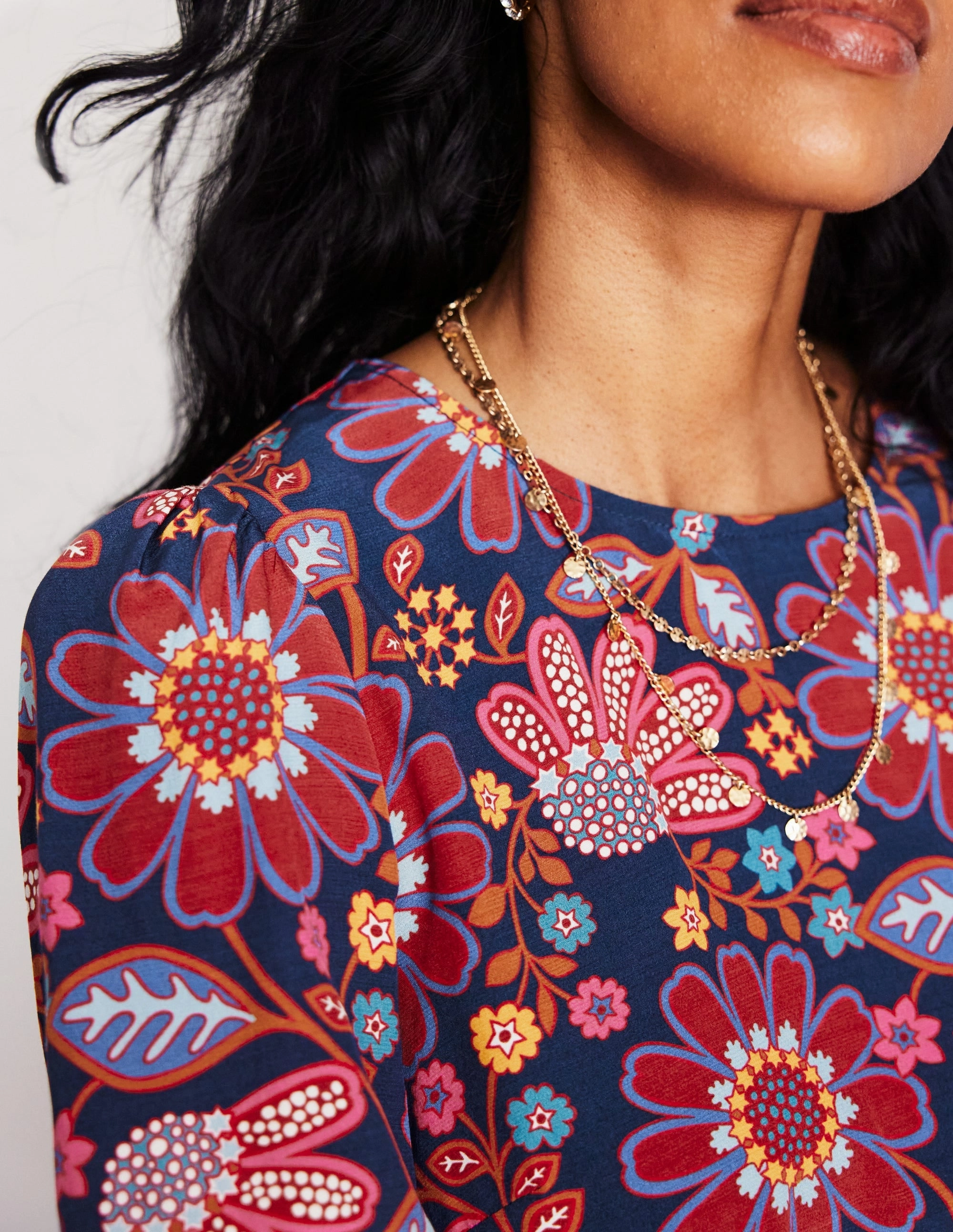 NonRestrictive Armholes Basic Wardrobe Easy Printed Top-French Navy, Cosmic Meadow