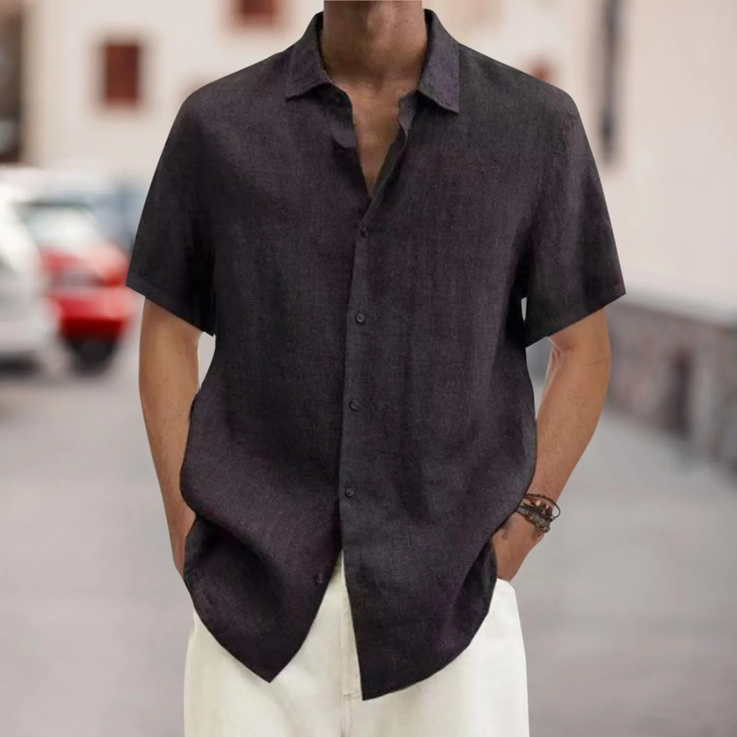 Linen Shirts for Men Short Sleeve Button Down Summer Casual Beach Top Lightweight Loose Sun Protection Fishing Shirt