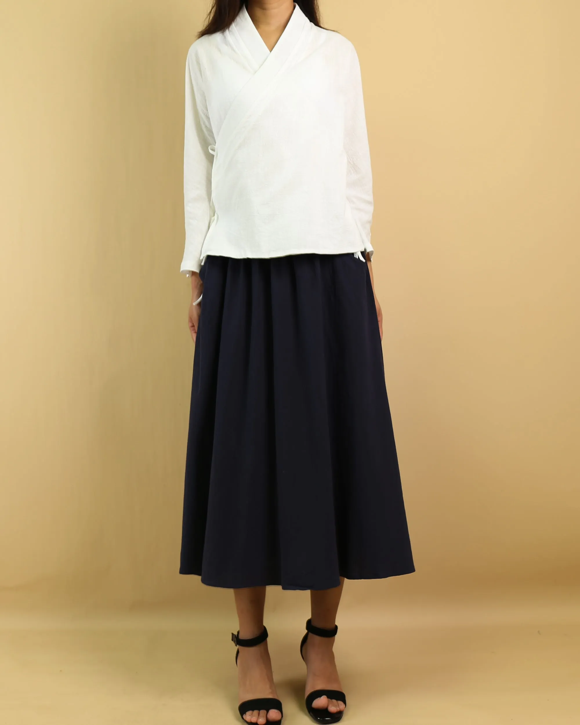 Linen top, long sleeve shirt, white Chinese style top, antiquity tops, linen blouse, t-shirt with ties(Y1063)