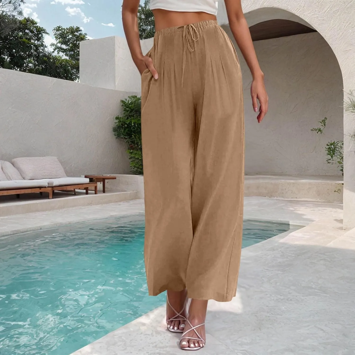 Linen Trousers Pants for Women Summer Fall Loose Fit Ruched High Cut Flare Wide Leg Trousers Pants Women 2025