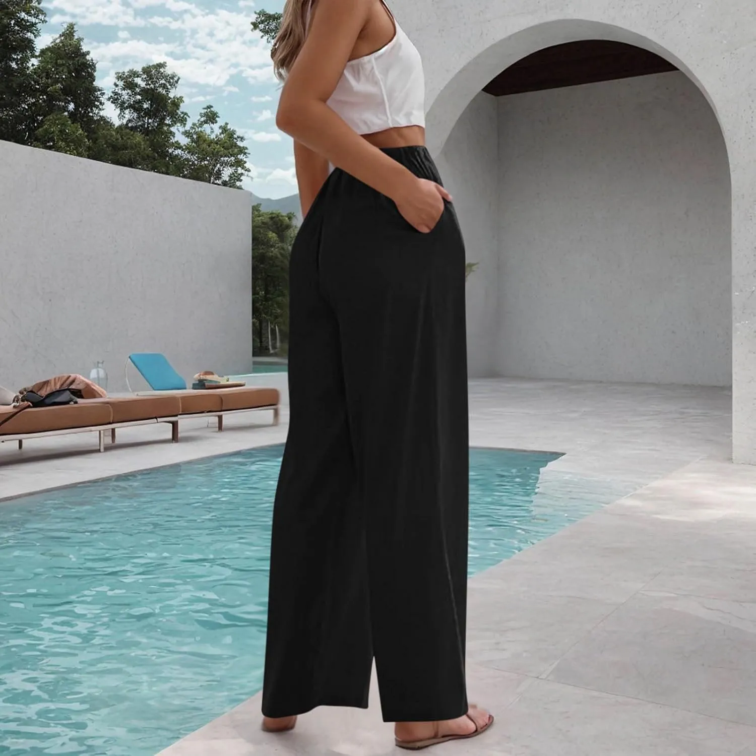 Linen Trousers Pants for Women Summer Fall Loose Fit Ruched High Cut Flare Wide Leg Trousers Pants Women 2025