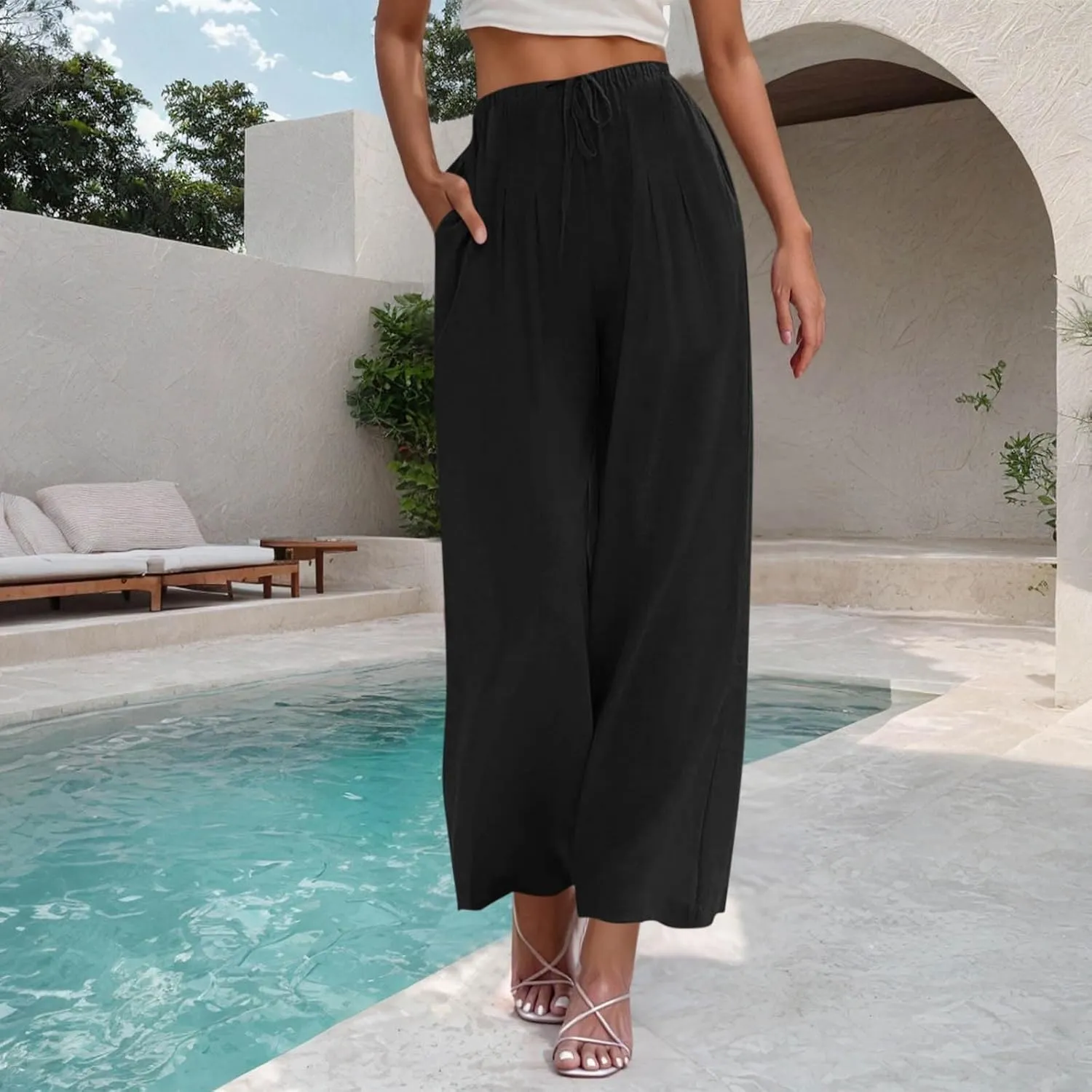 Linen Trousers Pants for Women Summer Fall Loose Fit Ruched High Cut Flare Wide Leg Trousers Pants Women 2025