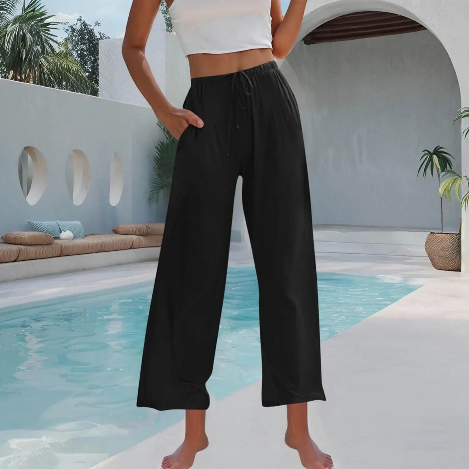 Linen Trousers Pants for Women Summer Fall Loose Fit Ruched High Cut Flare Wide Leg Trousers Pants Women 2025