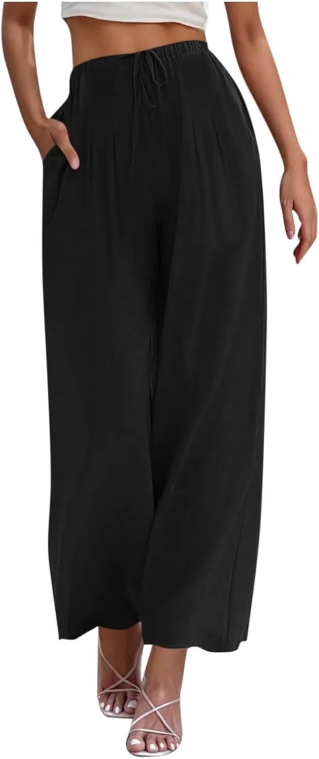 Linen Trousers Pants for Women Summer Fall Loose Fit Ruched High Cut Flare Wide Leg Trousers Pants Women 2025