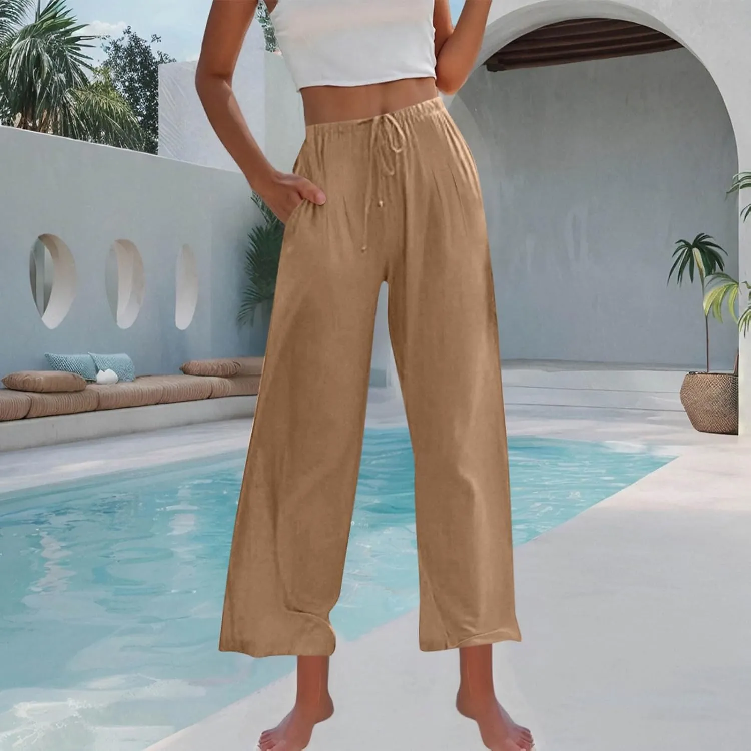 Linen Trousers Pants for Women Summer Fall Loose Fit Ruched High Cut Flare Wide Leg Trousers Pants Women 2025