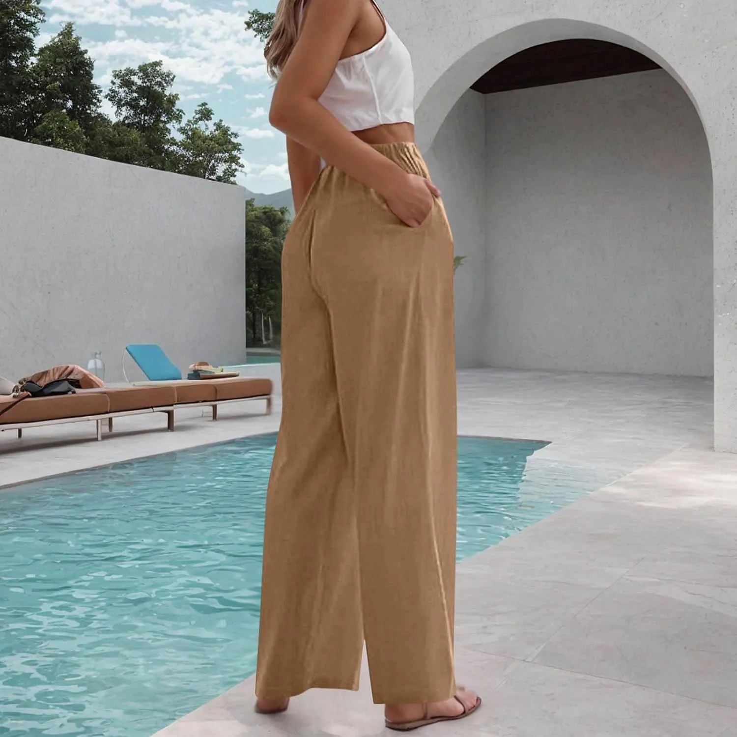 Linen Trousers Pants for Women Summer Fall Loose Fit Ruched High Cut Flare Wide Leg Trousers Pants Women 2025