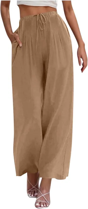 Linen Trousers Pants for Women Summer Fall Loose Fit Ruched High Cut Flare Wide Leg Trousers Pants Women 2025