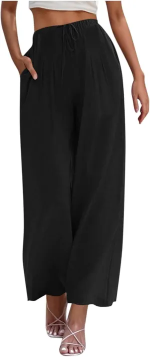 Linen Trousers Pants for Women Summer Fall Loose Fit Ruched High Cut Flare Wide Leg Trousers Pants Women 2025