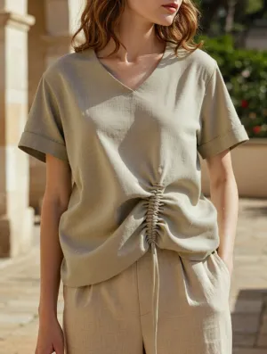 Linen V-Neck Slouchy Blouse ??Breathable & Relaxed Fit Stretch Fit