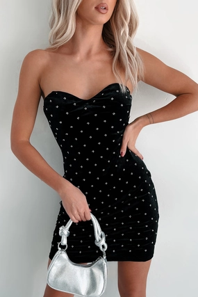 Defying Expectations Quilt Stitch Beaded Velvet Dress (Black) Belted-Style Perfectly Tailored