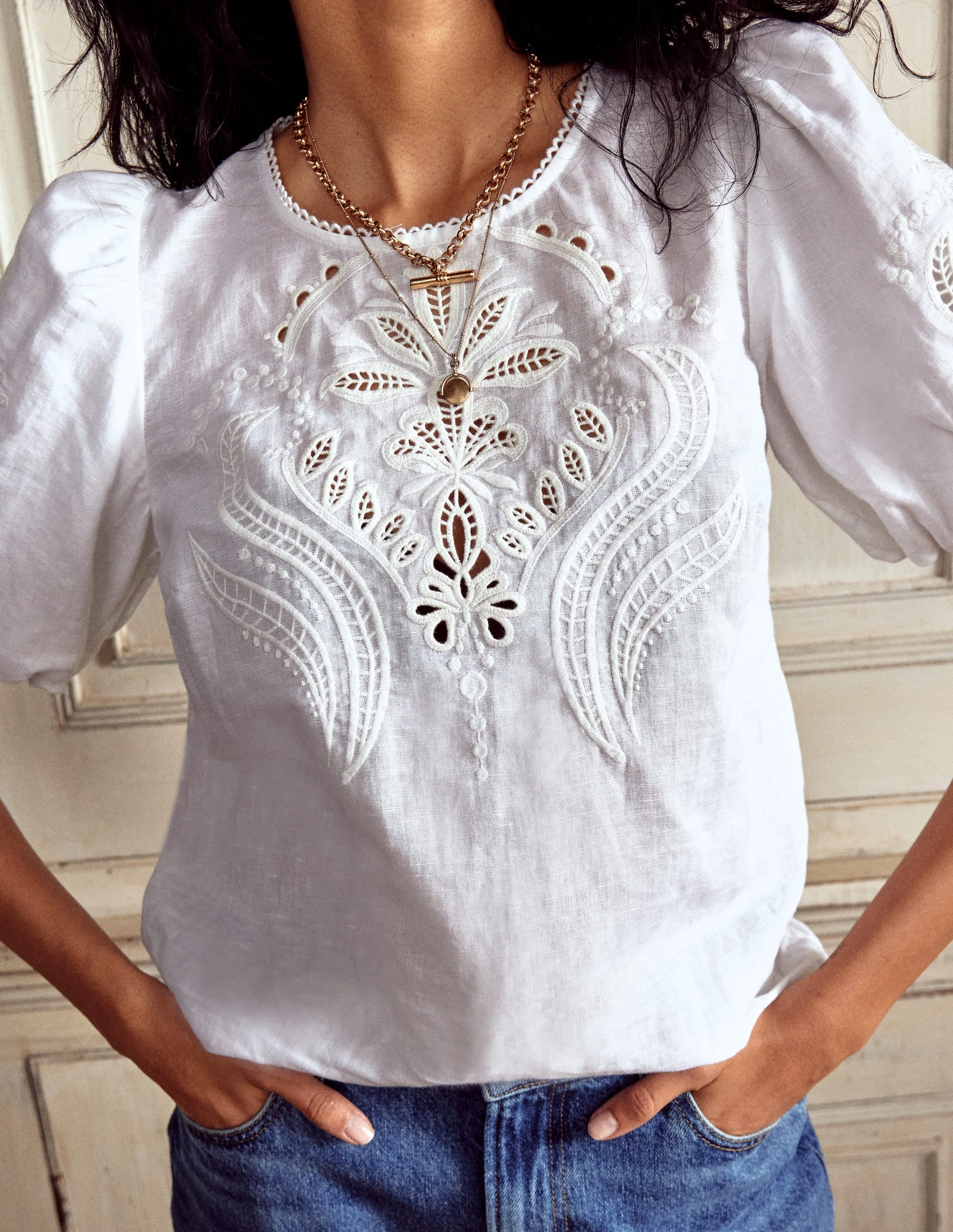 Linen Cutwork Top-White Ribbed Trim Details Modern Design