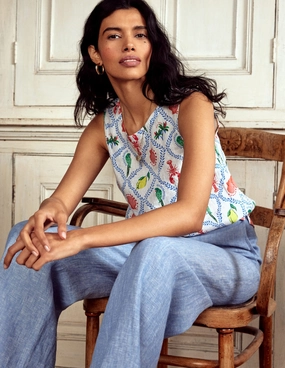 Linen Shell Top-Ivory, Tropical Bonanza OversizedSilhouette Reinforced Stitching