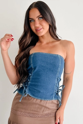 Lipstick & Lethal Strapless Lace-Up Top (Denim) Ultraviolet Protection Finish