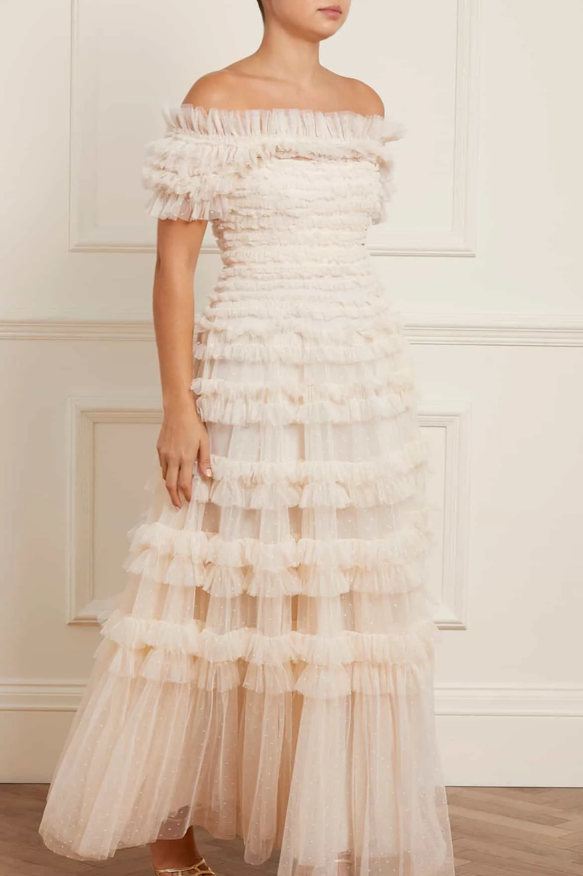 Polished Edge Smooth silhouette Lisette Ruffle Off Shoulder Gown
