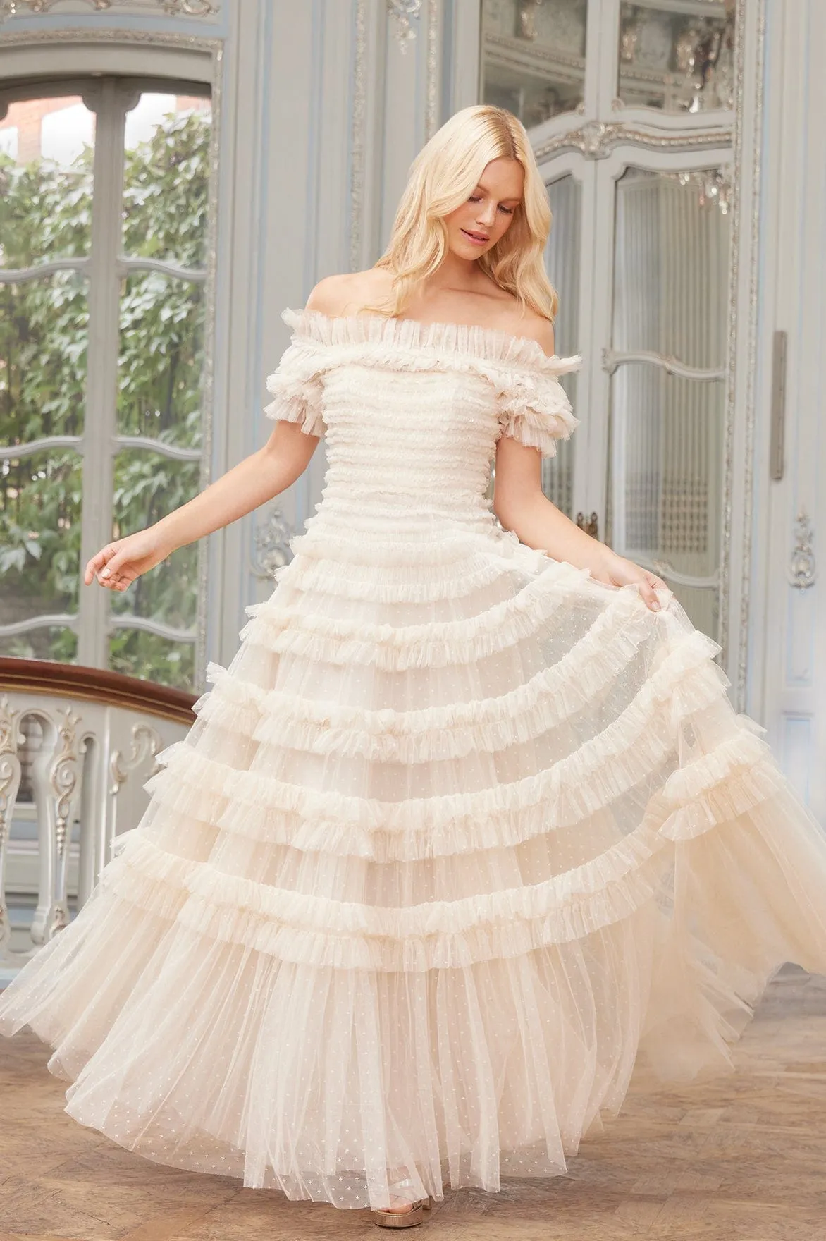 Lisette Ruffle Off Shoulder Gown Light and breezy summer dress Charming Comfort