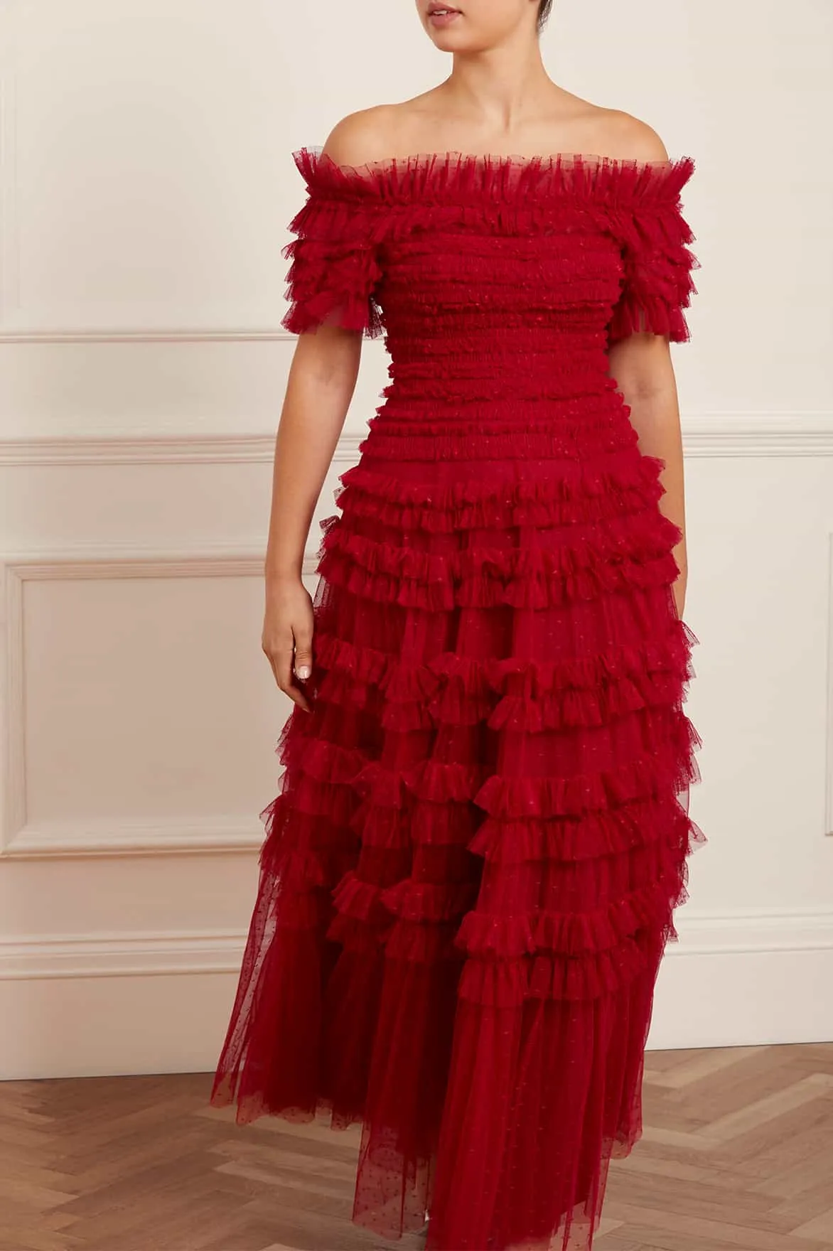 Lisette Ruffle Off Shoulder Gown Decorative-Design Elegant Simplicity