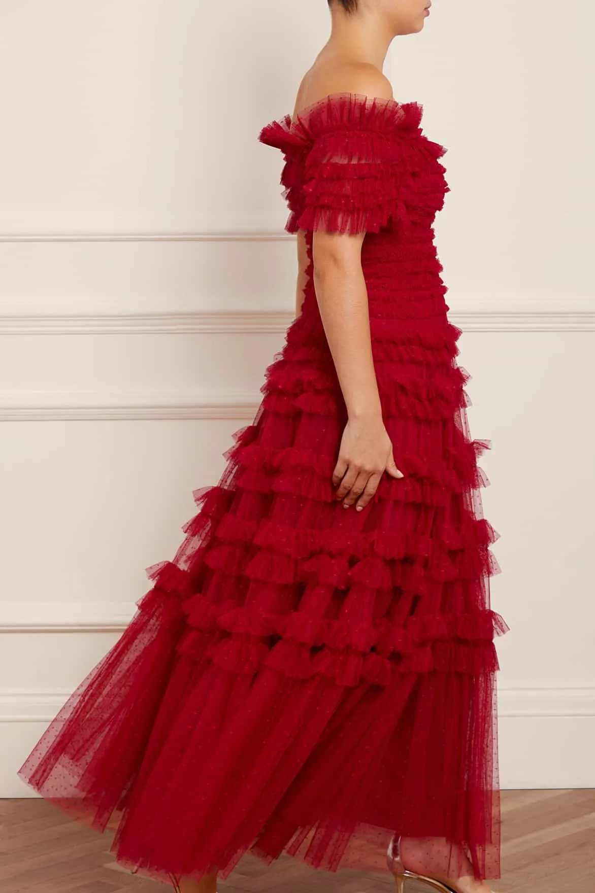 Silky Touch Lisette Ruffle Off Shoulder Gown