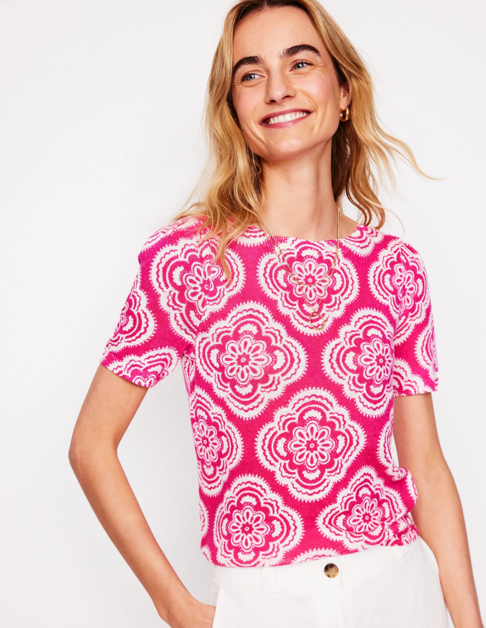 LanolinFree Wool Processing Liv Boat Neck Linen T-Shirt-Pink Peony, Botanic Blush