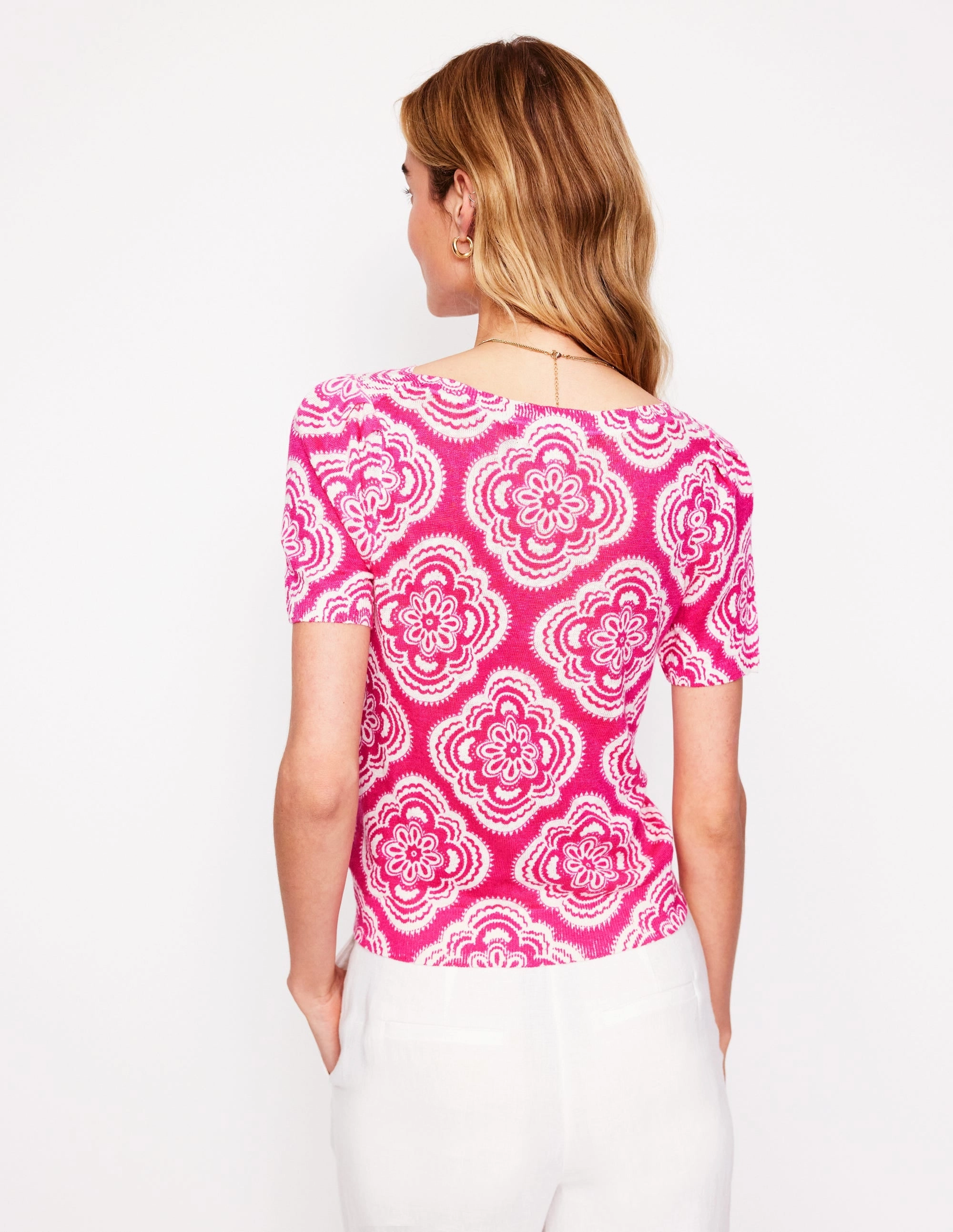 Liv Boat Neck Linen T-Shirt-Pink Peony, Botanic Blush Home Layer Reinforced Edging