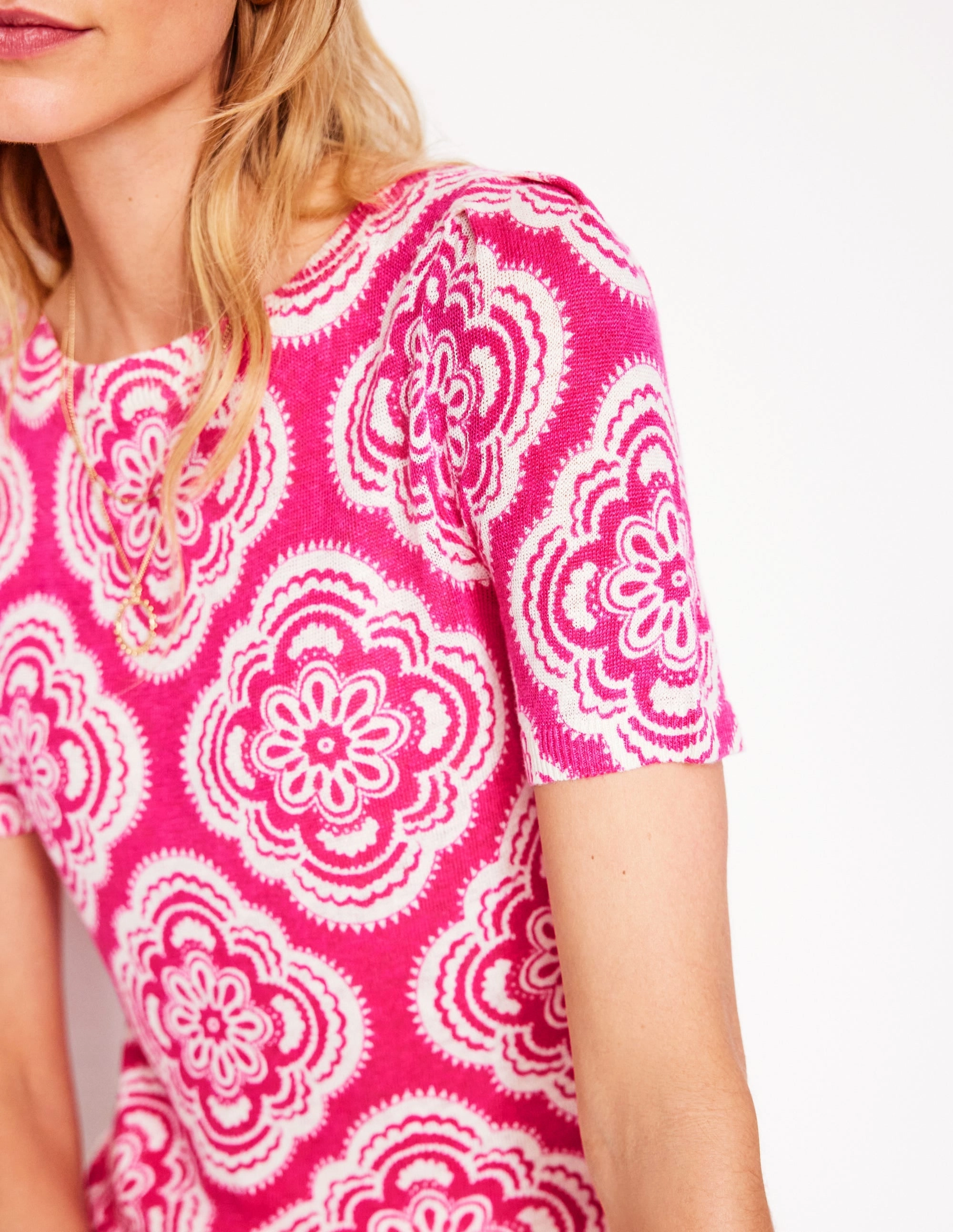 Zigzag Stitch Detail Liv Boat Neck Linen T-Shirt-Pink Peony, Botanic Blush
