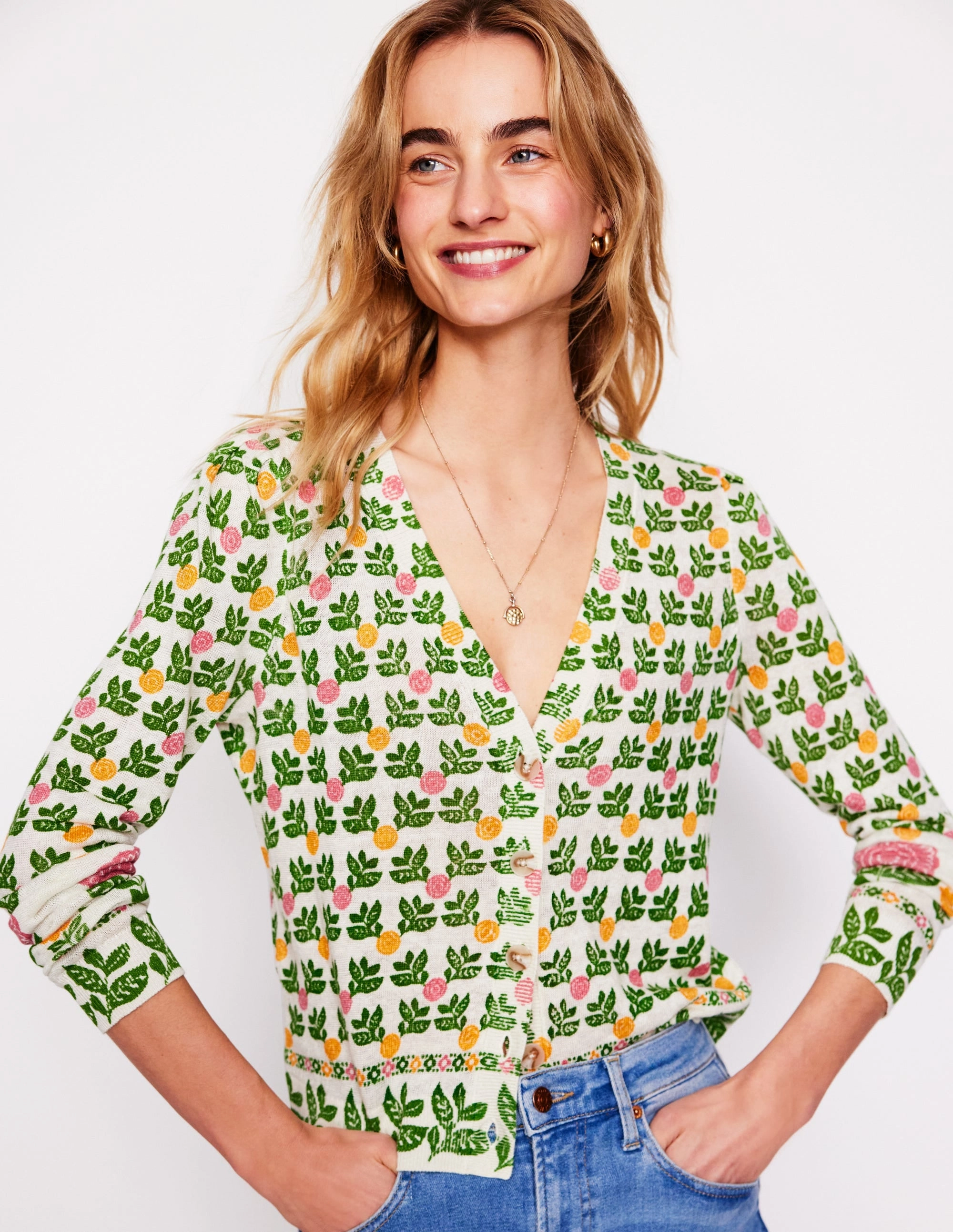Liv V-Neck Linen Cardigan-Warm Ivory, Dahlia Garden LowImpact Dye