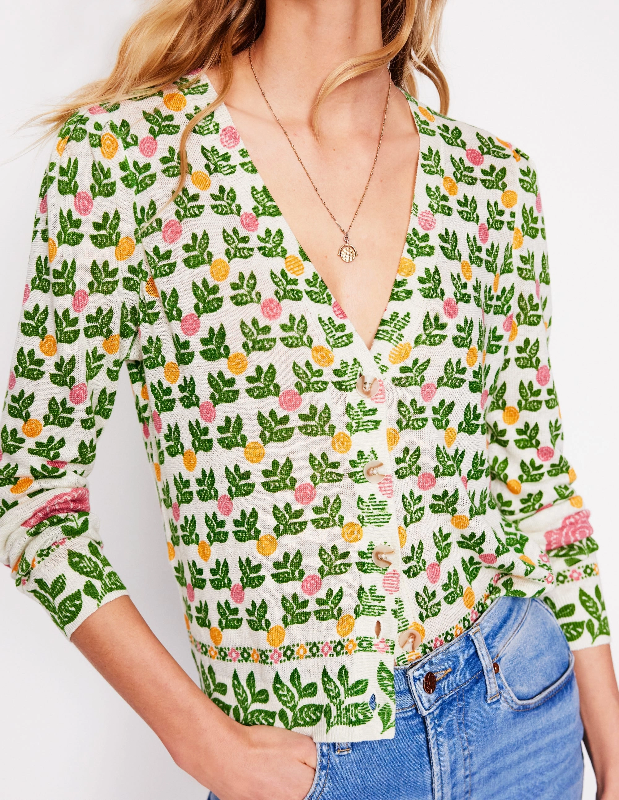 Quick Fit Liv V-Neck Linen Cardigan-Warm Ivory, Dahlia Garden