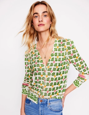 Liv V-Neck Linen Cardigan-Warm Ivory, Dahlia Garden Interlock Knit Body