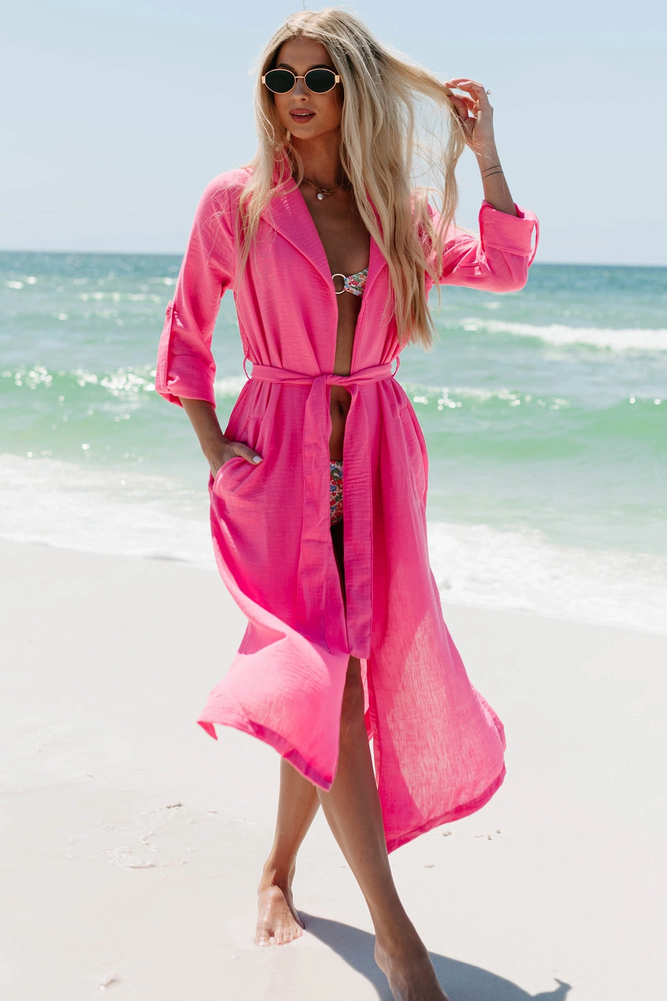 NoiseReduciting Fabric Double Breasted Live Colorfully Tie-Waist Linen Trench Coat (Hot Pink)
