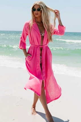 Live Colorfully Tie-Waist Linen Trench Coat (Hot Pink) OdorResistantFabric