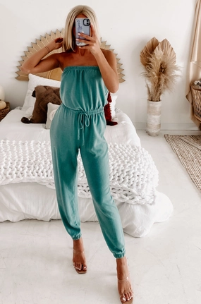 Living In It Strapless Jumpsuit (Nile Blue) Formal Wear DurableBlend