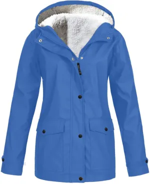 Lmdudan 2024 Trendy Waterproof Rain Jacket for Women Lightweight Zip Up Long Hooded Raincoat Outdoor Fleece Lined Trench Coat