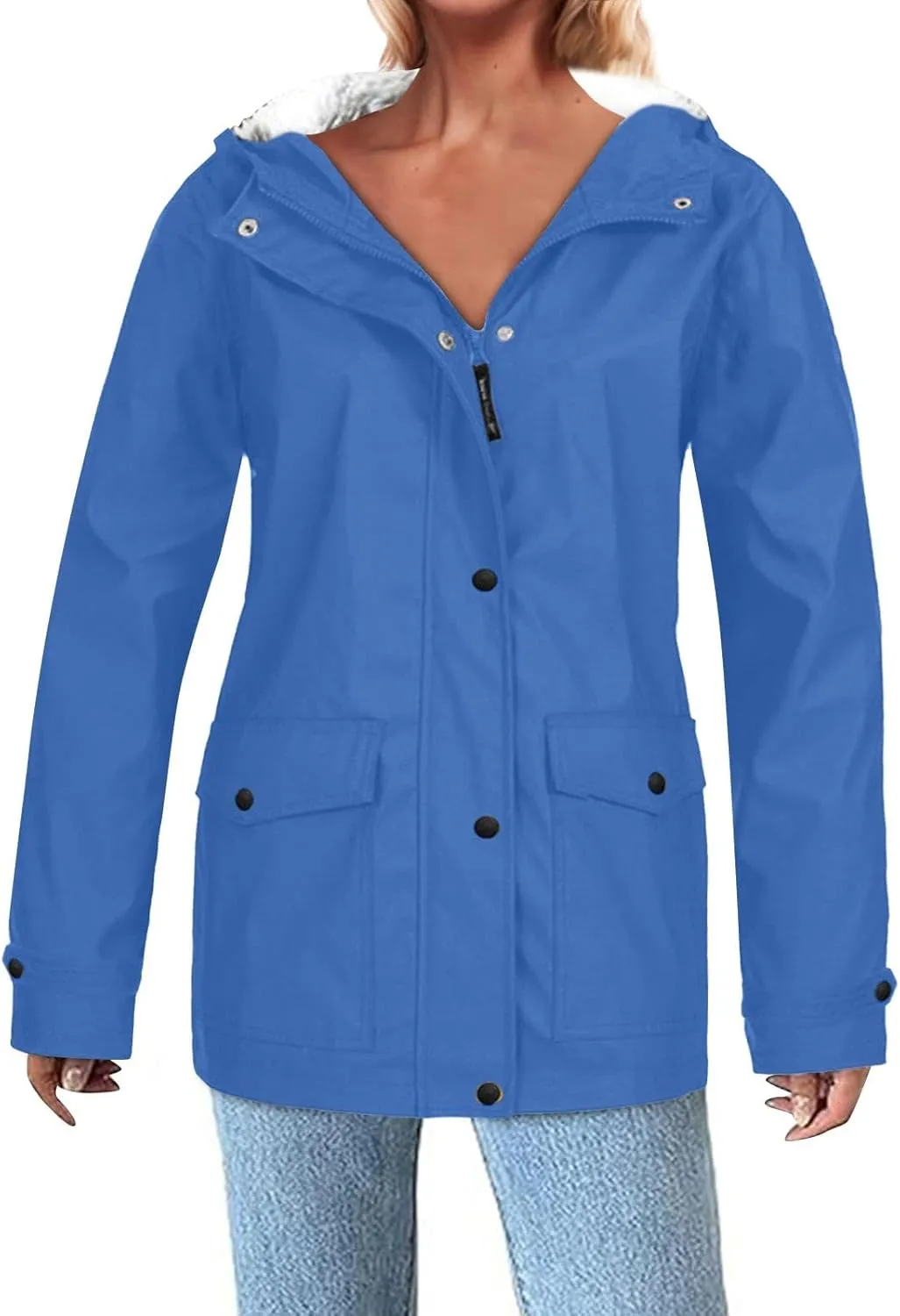 Lmdudan 2024 Trendy Waterproof Rain Jacket for Women Lightweight Zip Up Long Hooded Raincoat Outdoor Fleece Lined Trench Coat