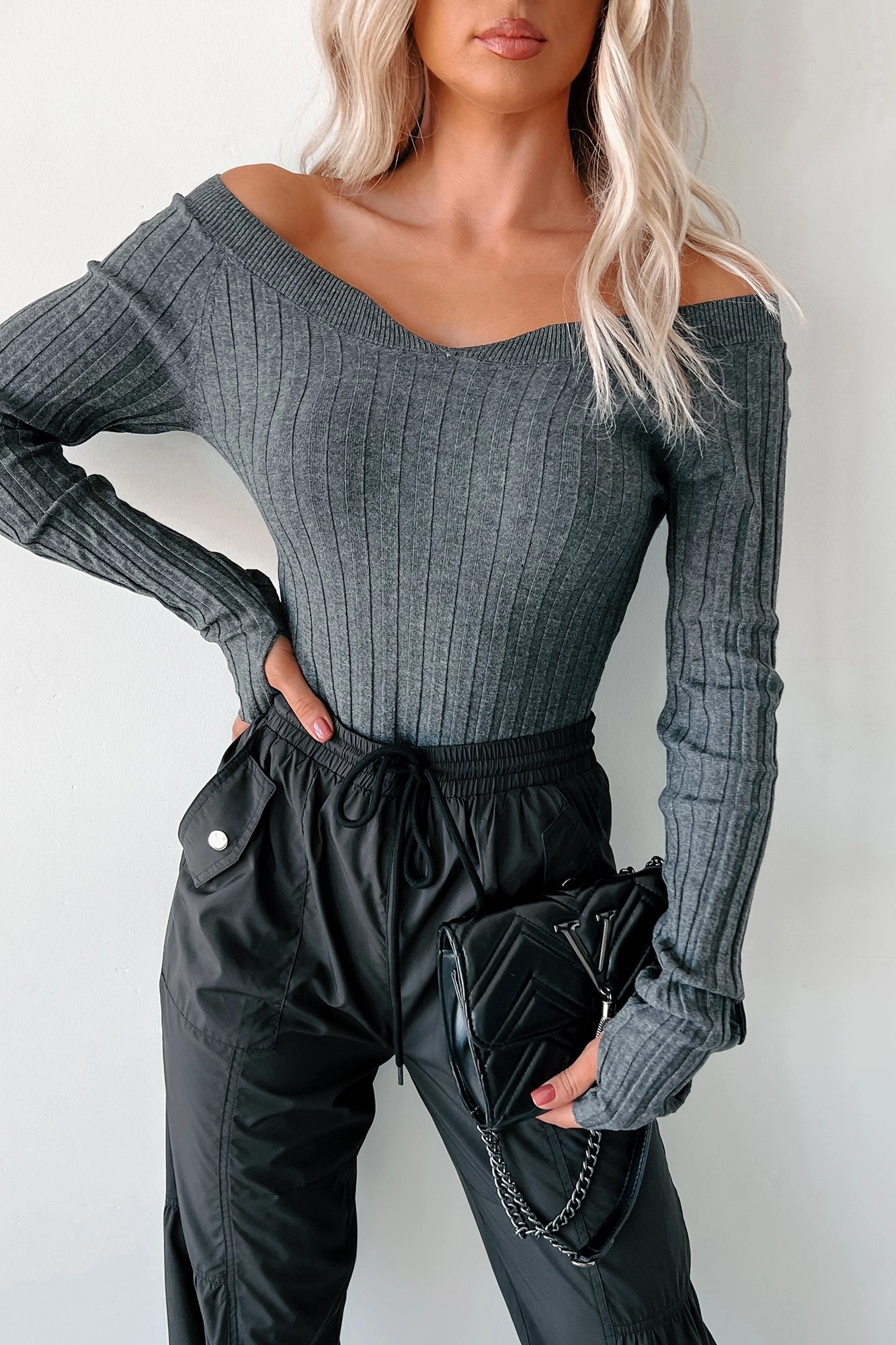Low Profile London Landscape Off Shoulder Bodysuit (Charcoal)