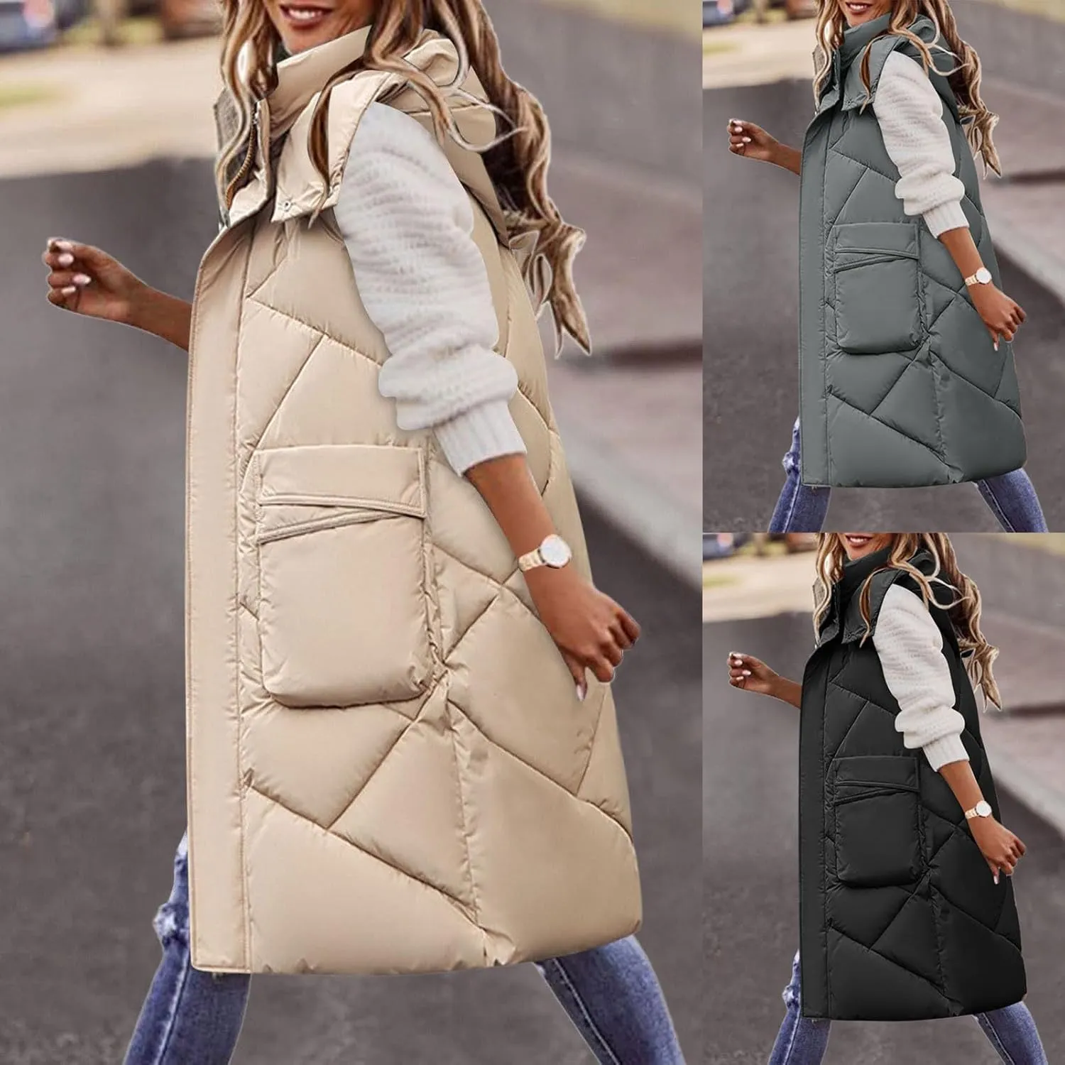 Long Puffer Vest for Women Winter Warm Lightweight Gilet Coat Outerwear Quilted Hooded Sleeveless Zip Up Down Jacket