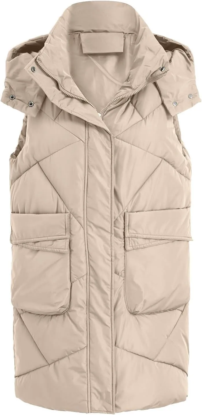 Long Puffer Vest for Women Winter Warm Lightweight Gilet Coat Outerwear Quilted Hooded Sleeveless Zip Up Down Jacket