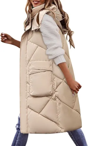 Long Puffer Vest for Women Winter Warm Lightweight Gilet Coat Outerwear Quilted Hooded Sleeveless Zip Up Down Jacket