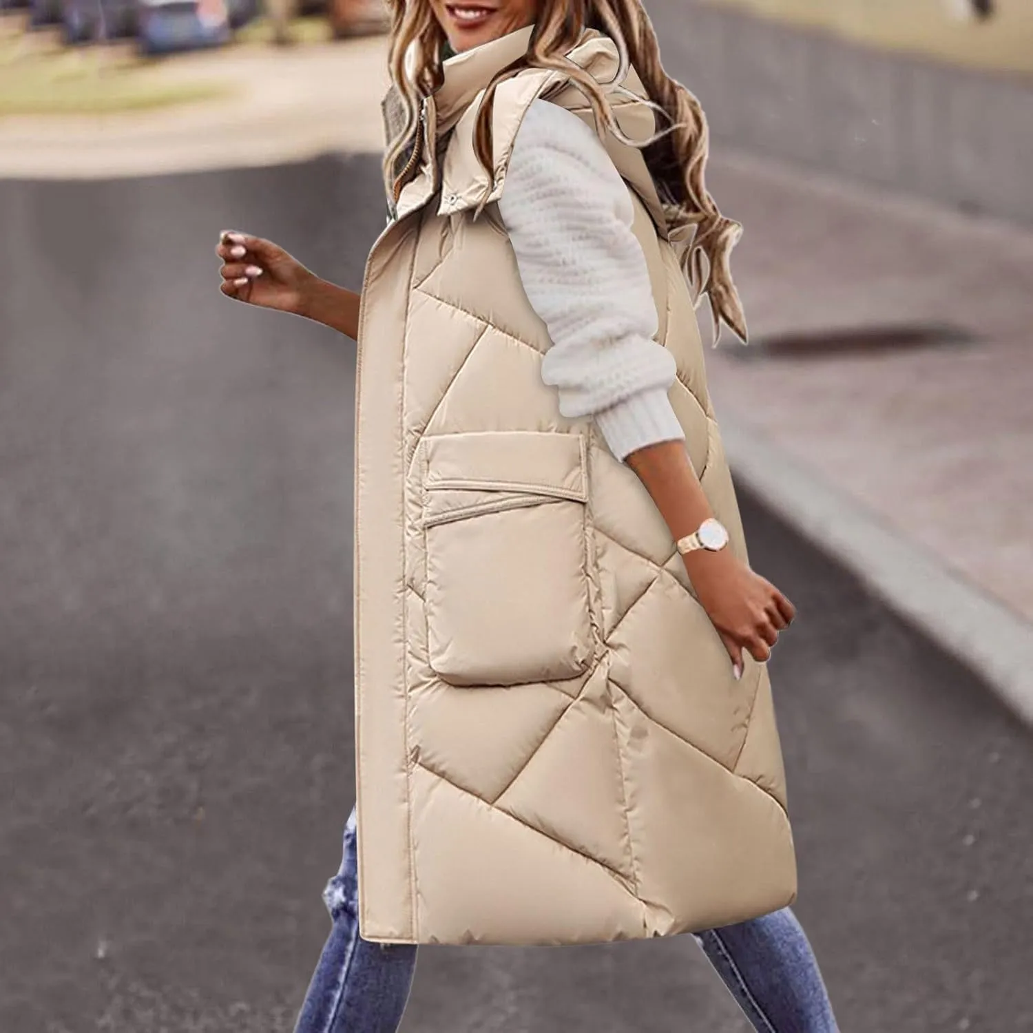 Long Puffer Vest for Women Winter Warm Lightweight Gilet Coat Outerwear Quilted Hooded Sleeveless Zip Up Down Jacket