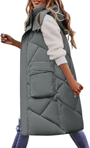Long Puffer Vest for Women Winter Warm Lightweight Gilet Coat Outerwear Quilted Hooded Sleeveless Zip Up Down Jacket