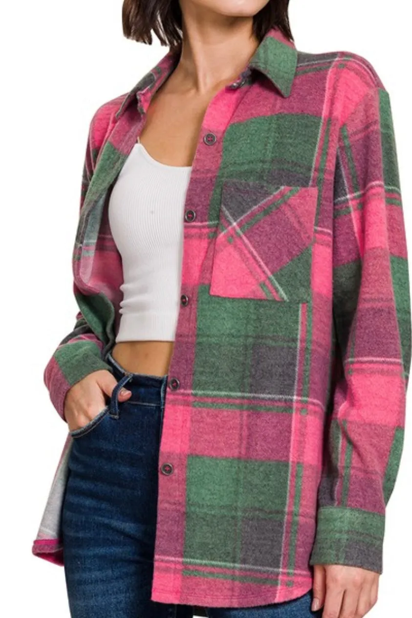 LONG SLEEVE BRUSHED PLAID BUTTON DOWN TOP