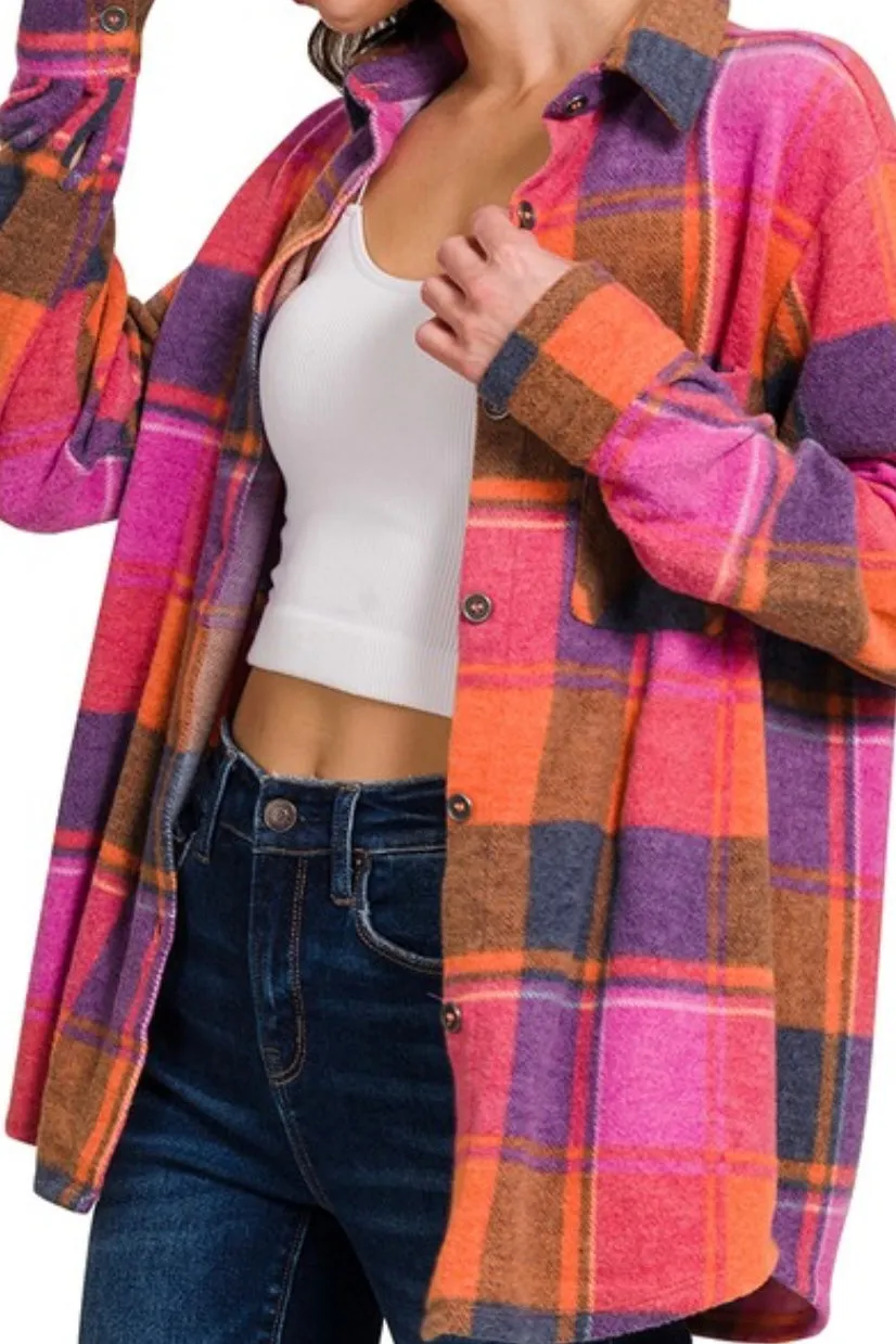 LONG SLEEVE BRUSHED PLAID BUTTON DOWN TOP