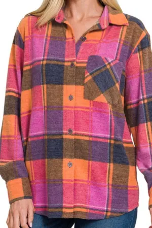 LONG SLEEVE BRUSHED PLAID BUTTON DOWN TOP