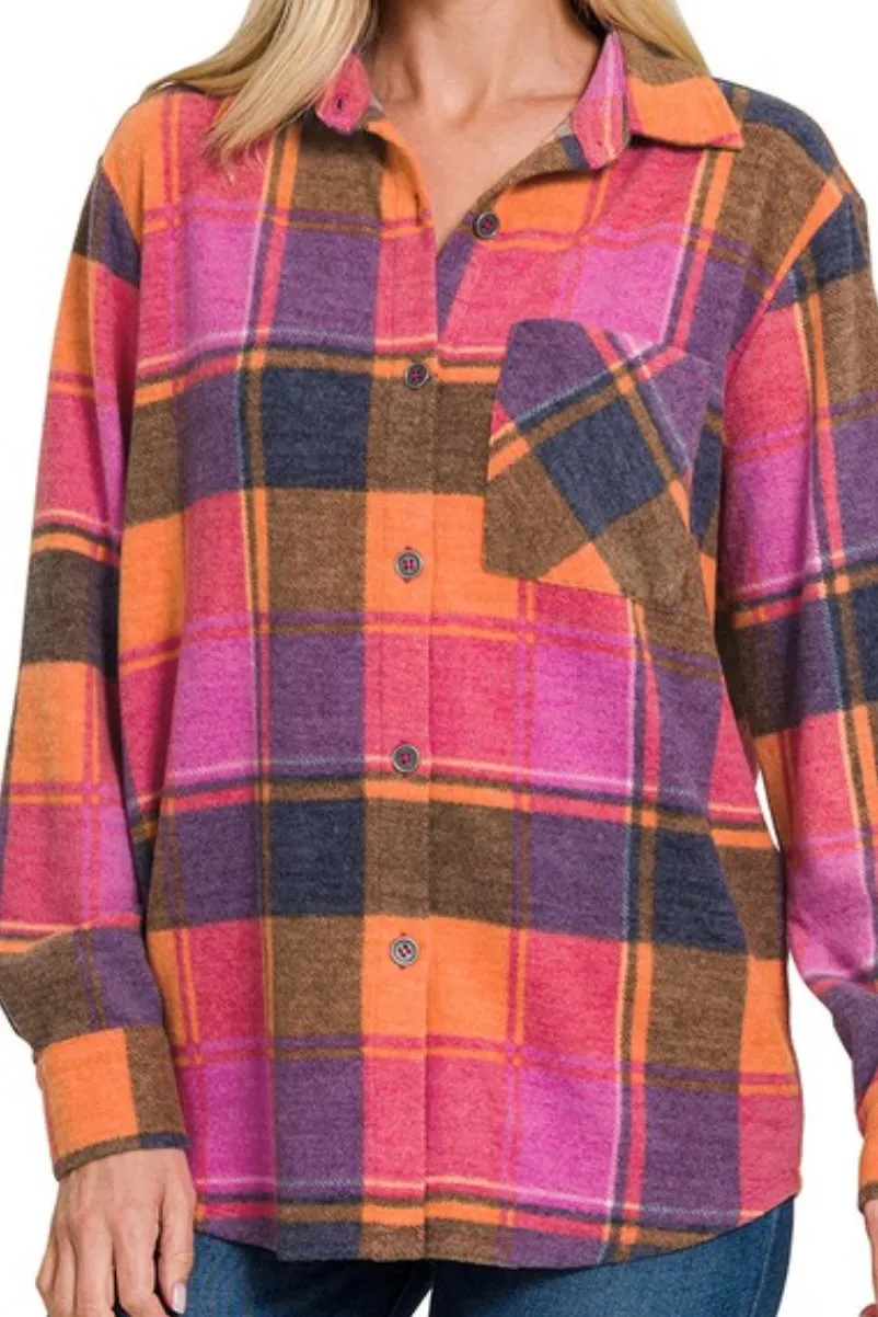 LONG SLEEVE BRUSHED PLAID BUTTON DOWN TOP