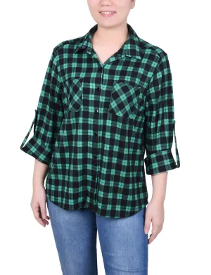 SoftInteriorLining Wrinkle Free Weave Long Sleeve Button Front Tunic Top