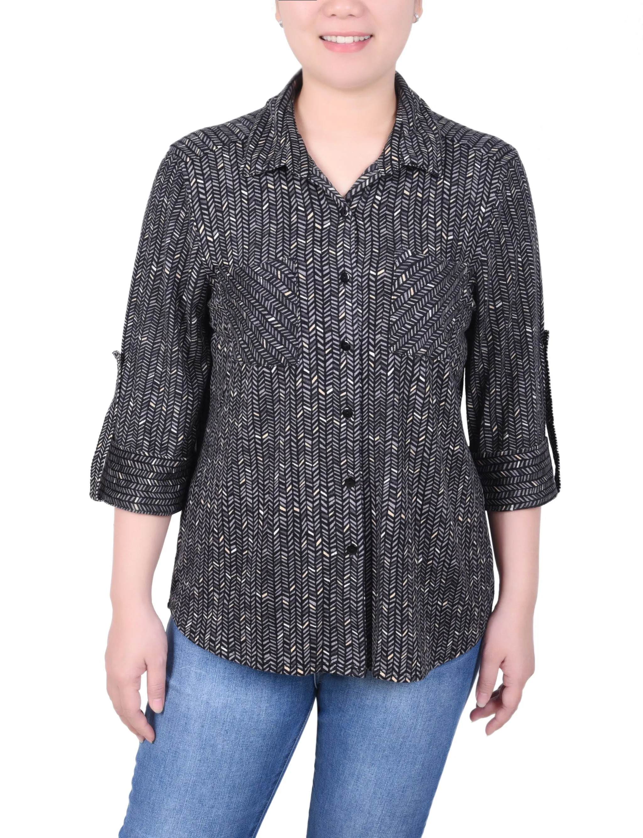 Long Sleeve Button Front Tunic Top Abrasion Resistant Surface Contemporary Cut
