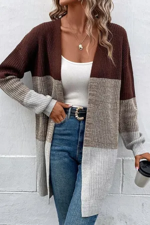 LONG SLEEVE COLOR BLOCK CARDIGAN COAT Soft Touch Feel Non Restrictive Collar