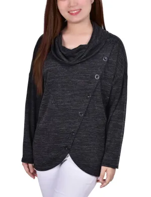 Convertible Neckline Long Sleeve Cowl Neck Top With Button Detail